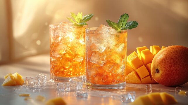 Refreshing mango cocktail with ice, mint leaves and fresh fruit, served in two glasses on an off-white surface. Perfect for promoting farm-to-table restaurant drinks or outdoor events
