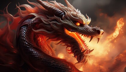 A hyper realistic 3D rendering of a fierce Chinese dragon in the middle of fire; dark background
