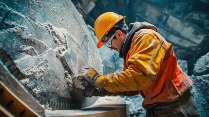 Worker Inspecting Large Stone Slab with Protective Gear Inside Quarry