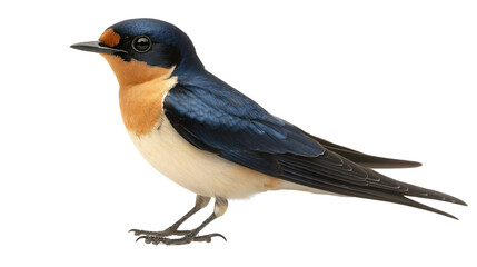 Sleek barn swallow with deep blue back, orange throat, and long forked tail, standing on ground. Isolated on white background.