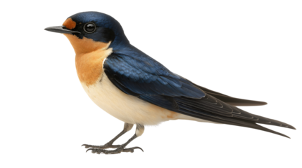 Sleek barn swallow with deep blue back, orange throat, and long forked tail, standing on ground. Isolated on white background.