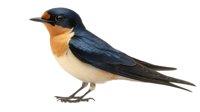 Sleek barn swallow with deep blue back, orange throat, and long forked tail, standing on ground. Isolated on white background.