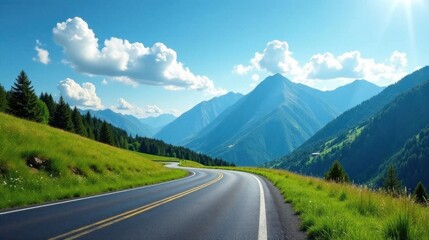 Naklejka premium Asphalt Ribbon Unwinding Through Verdant Hills and Majestic Mountains Under a Brilliant Summer Sky