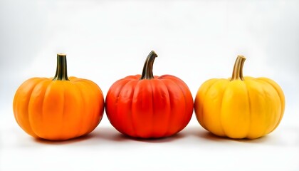 Obraz premium A studio shot of three pumpkins in a row, the first one is orange, the second one is red, and the third one is yellow, all with brown stems