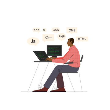 Concept of script coding and programming in php, python, javascript, other languages. Software developer. Flat vector cartoon illustration