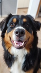 A close up view of a smiling dog face
