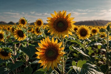 Fototapeta premium Vibrant sunflower field under a bright sky, cheerful and sunny, agricultural landscape 