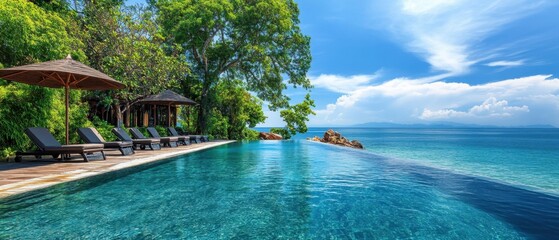 Obraz premium Serene Infinity Pool Overlooking the Turquoise Ocean with Lush Greenery and Tropical Umbrellas in a Luxury Resort