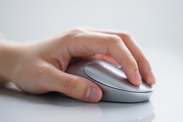 close-up of hand holding a computer mouse fingers gently resting on its surface