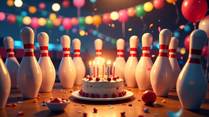 bowling pins at the birthday party around the festive background
