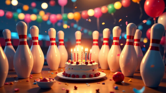bowling pins at the birthday party around the festive background