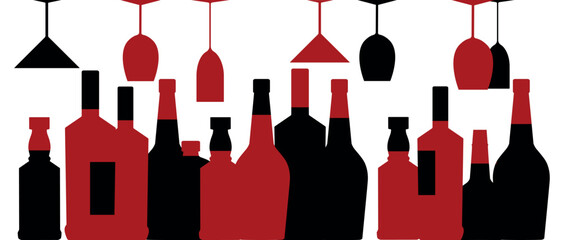 Alcohol collection, whiskey, bourbon, chardonnay bottle silhouettes. Vector illustration for bar, restaurant, menu, wine list banner