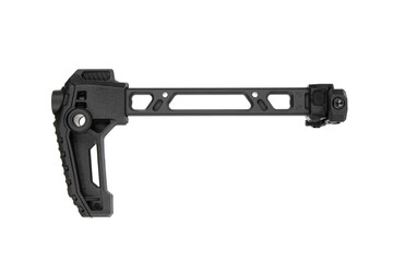 A sleek black folding stock for firearms, featuring lightweight cutouts and modular attachment points, displayed on a white backdrop.