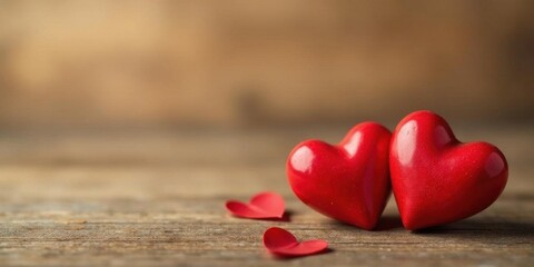 Obraz premium Romantic Red Hearts on Rustic Wood Background, Symbol of Love and Affection