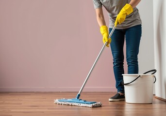 Person cleaning the floor with a mop in a modern room  