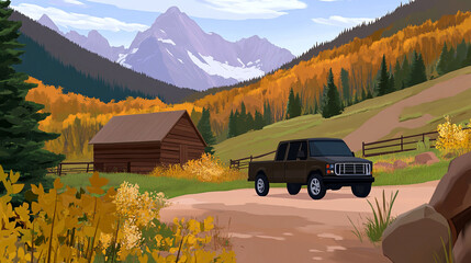 Autumn drive adventure rocky mountains animated scene nature landscape scenic viewpoint outdoor exploration