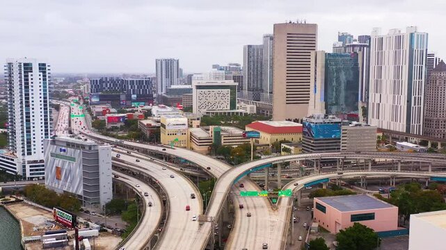 Downtown Miami over Interstate 95 on a cloudy hazy day.
