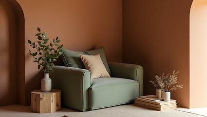 Earthy tones and simple elegance. An inviting corner with a soft chair and minimal décor.