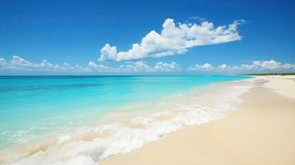 Turquoise waters meet pristine white sands under bright blue sky dotted with fluffy white clouds