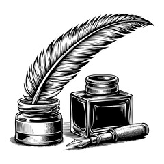 quill pen and scroll next to an inkwell sketch engraving black and white outline. Scratch board imitation.  illustrated in vintage line art style on a white background.

