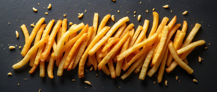 Alignement de frites dor&eacute;es sur fond noir textur&eacute; 