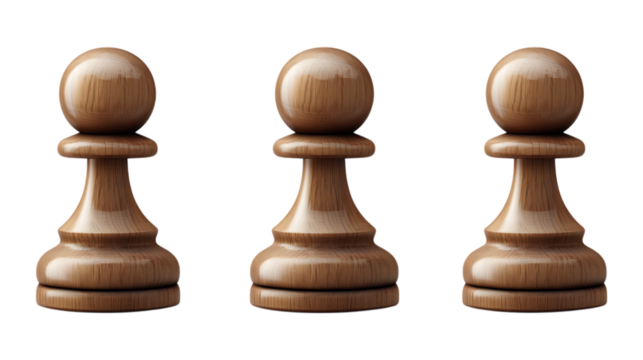 Wooden Pawn Icon Set in Three Poses on Transparent Background for Chess Graphics, Game Illustrations, or Strategy Concepts