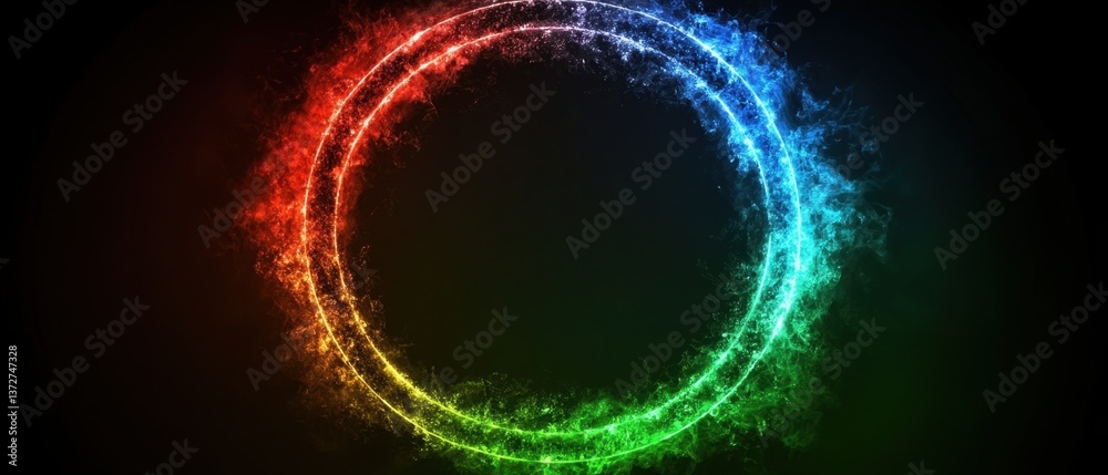 Poster abstract circular energy field with vibrant rainbow colors on a dark background creating a dynamic a