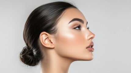 Naklejka premium Profile shot of beautiful woman with sleek hair flawless skin and expertly applied makeup in light setting