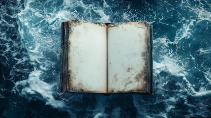 An aged, weather-beaten book rests unfolded on a jagged rock amidst stormy waters.