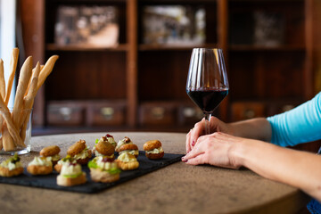 A woman holding a glass of red wine at a stylish tasting session, with gourmet appetizers on a slate tray. A refined and relaxed moment in a cozy setting.