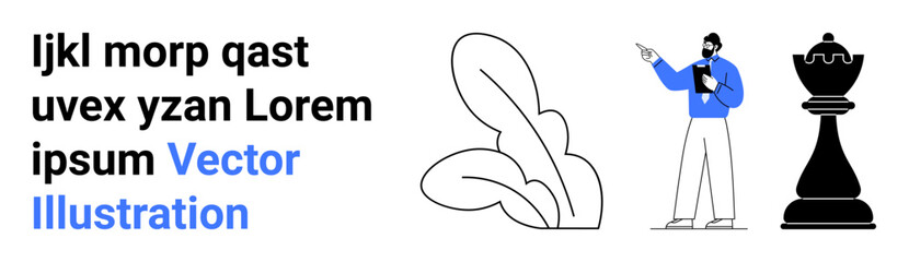 Fototapeta premium Man holding clipboard pointing outward, chess king, and abstract plant. Ideal for strategy, decision-making, leadership, planning, growth, innovation and simple landing page