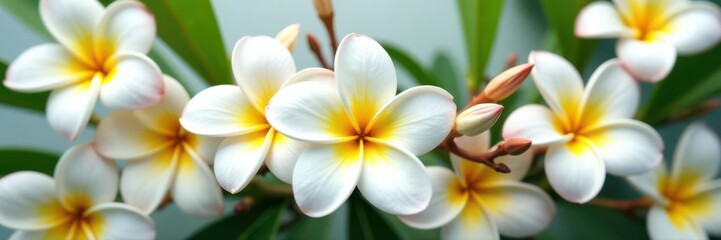 Fototapeta premium Off-center white frangipani blossoms, asymmetrical arrangement , elegance, unique, backdrop