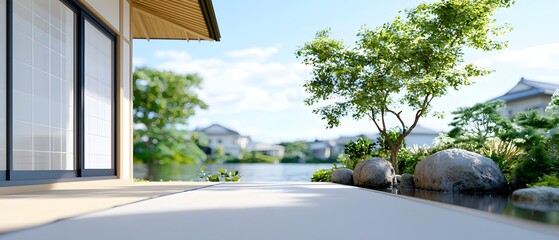 Tranquil garden path serene lake view scenic nature photography japanese architecture outdoor environment peaceful concept