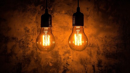 Two exposed filament bulbs hang against mottled wall casting warm glow and vintage aesthetic