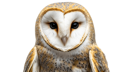 Highly detailed barn owl with a heart-shaped facial disc and intricate feather textures, gazing forward. Isolated on white background.