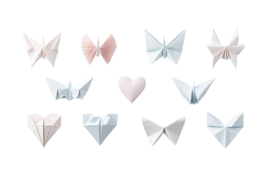 Origami Herzen und Schmetterlinge in Pastellfarben PNG mit transparentem Hintergrund

