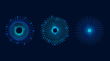 A set of lighting effects, futuristic, magical shapes, energy magical effects, wavy, distorted lines forming beautiful flowers. Vector illustration