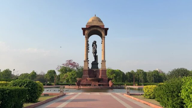 Side view of the Netaji Subhash Chandra Bose Memorial at sunset, in New Delhi, Delhi, India