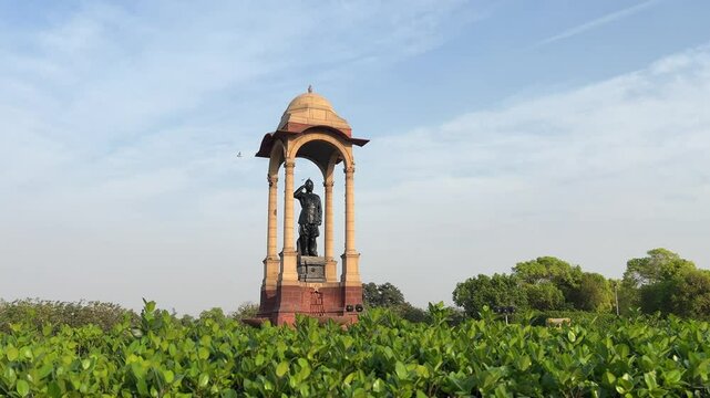 Netaji Subhash Chandra Bose Memorial against blue dusk sky at sunset, in New Delhi city, India