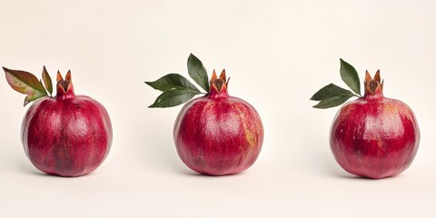 Three ripe pomegranites arranged on white background with one upright close-up isolated still life fruit photography