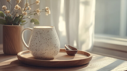 Relaxing coffee break with latte art in a cozy, sunlit setting by the window. Refreshing beverage.