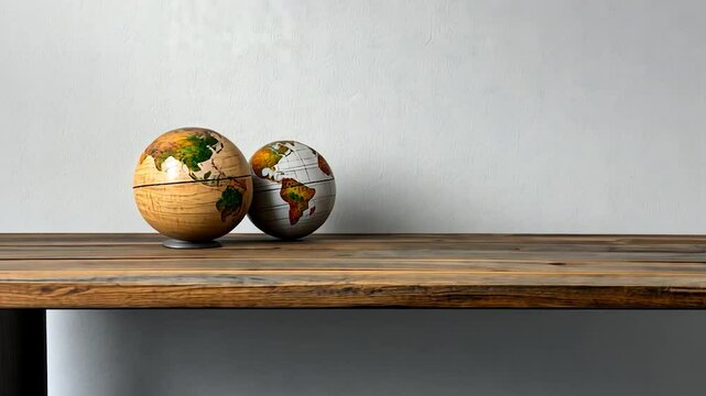 Two Vintage Globes on Rustic Wooden Table Against a White Wall: A Still Life of Global Exploration and Travel
