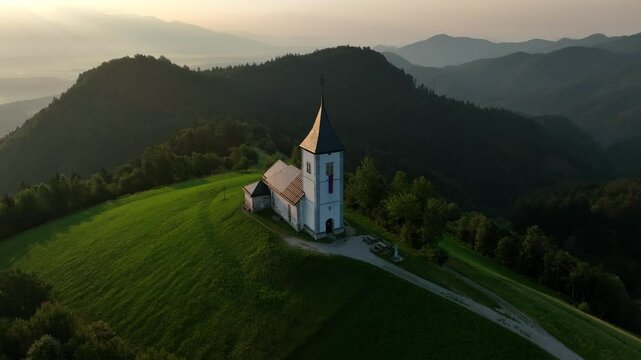 Drone shot of the Saint Primus and Felician Catholic Church at sunset in Jamnik, Kranj, Slovenia