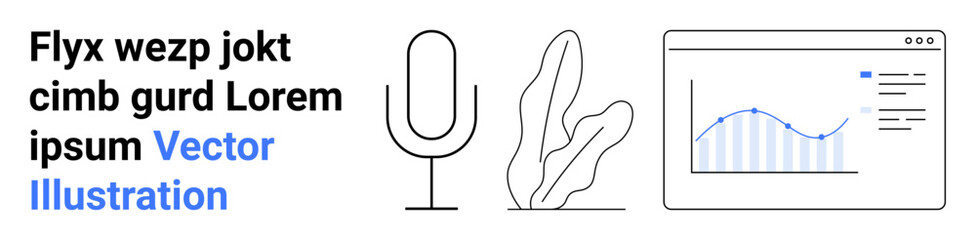 Microphone figurine, abstract plant, and analytics dashboard represent communication, growth, and data visualization. Ideal for technology, podcasting, design, eco-business analytics creativity