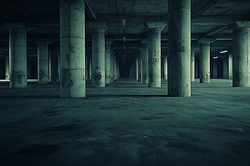 A large dark concrete parking garage with many circular pillars
