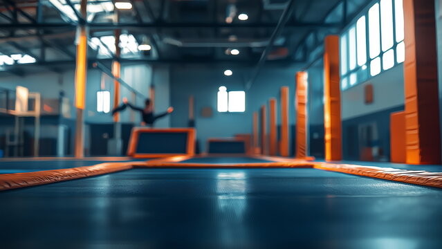 An orange colour themed trampoline gymnasium features orange mats and walls, creating an energetic and playful atmosphere, for jumping and exercising