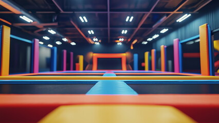 An orange colour themed trampoline gymnasium features orange mats and walls, creating an energetic and playful atmosphere, for jumping and exercising
