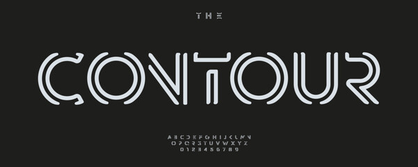 Stylish Contour Alphabet with outlined linear letters. Geometric minimalist alphabet for tech healine, scifi modern branding, geometric logotype and monogram. Vector typeset