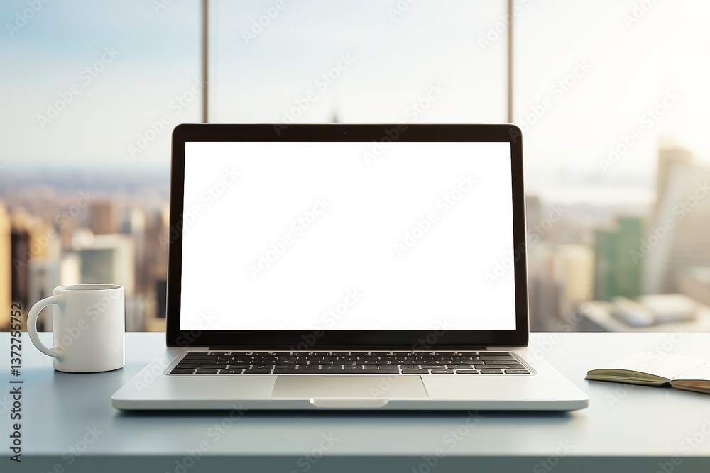 Poster blank laptop screen mockup on modern office desk with coffee mug and notebook in front of bright cit