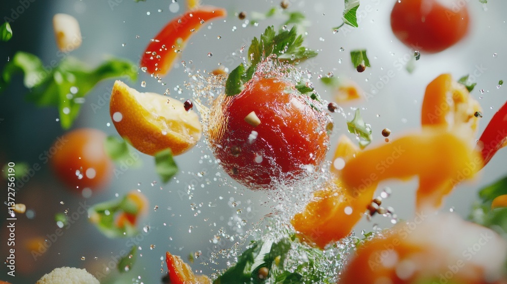Leinwandbilder fresh vegetables and fruits create a vibrant splash with water droplets in a colorful display of nat